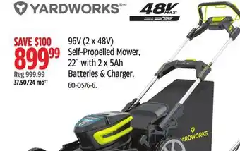 Canadian Tire Yardworks 96V (2x48V) Self Propelled Mower, 22 with 2x5Ah Batteries & Charger offer