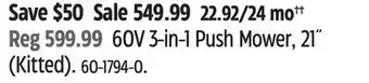 Canadian Tire Greenworks 60V 3-in-1 Push Mower, 21˝ (Kitted) offer