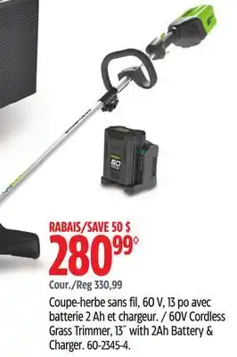 Canadian Tire GREENWORKS 60V Cordless Grass Trimmer, 13 with 2Ah Battery & Charger offer