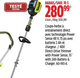 Canadian Tire Yardworks 48V Direct-Drive Trimmer with Power Sense,15 with 2Ah Battery and Charger offer