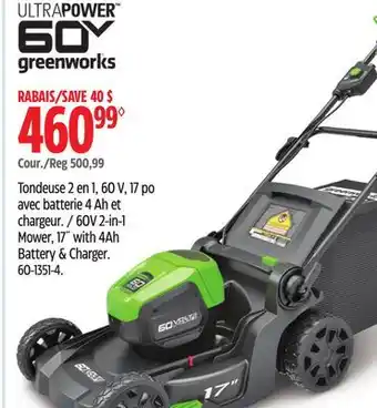 Canadian Tire GREENWORKS 60V 2-in-1 Mower, 17 with 4Ah Battery & Charger offer