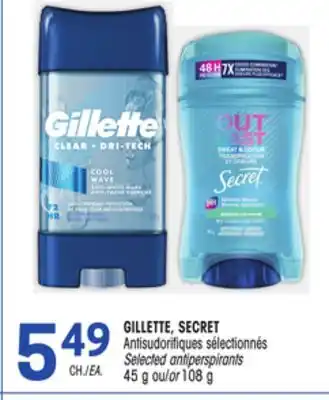 Uniprix GILLETTE, SECRET Antisudorifiques sélectionnés/Selected antiperspirants offer