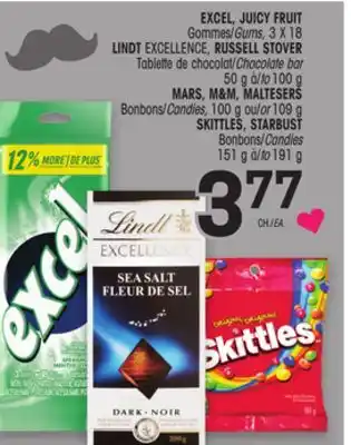 Uniprix EXCEL, JUICY FRUIT, LINDT EXCELLENCE, RUSSELL STOVER Tablette de chocolat/Chocolate bar, MARS, M&M, MALTESERS Bonbons/Candles offer