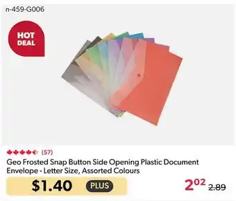 123Ink Geo Frosted Snap Button Side Opening Plastic Document Envelope - Letter Size, Assorted Colours offer