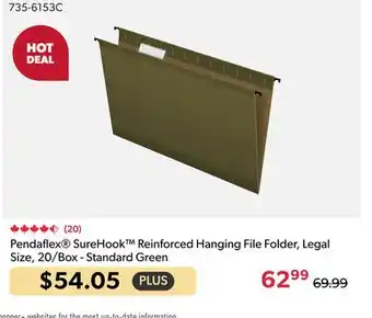 123Ink Pendaflex SureHook Reinforced Hanging File Folder, Legal Size, 20/Box - Standard Green offer