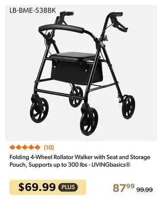 Shopper+ Folding 4-Wheel Rollator Walker with Seat and Storage Pouch, Supports up to 300 lbs - LIVINGbasics offer