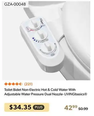Shopper+ Toilet Bidet Non-electric Hot & Cold Water With Adjustable Water Pressure Dual Nuzzle- LIVINGbasics offer