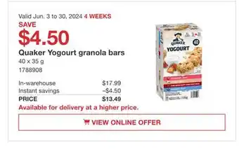 Costco Quaker Yogurt granola bars offer