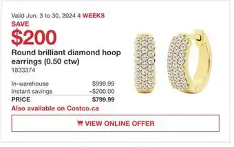 Costco Round brilliant diamond hoop earrings (0.50 ctw) offer