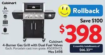 Walmart Cuisinart 4-Burner Gas Grill with Dual Fuel Valves offer