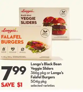Longo's Longo's Black Bean Veggie Sliders 366g pkg or Longo's Falafel Burgers 504g pkg offer