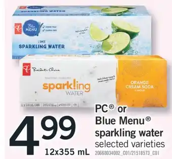 Fortinos PC BLUE MENU SPARKLING WATER, 12X355 ML offer