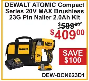 Atlas Tools & Machinery DEWALT ATOMIC Compact Series 20V MAX Brushless 23G Pin Nailer 2.0Ah Kit offer