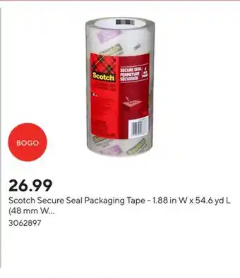 Staples Scotch Secure Seal Packaging Tape - 1.88 in W x 54.6 yd L (48 mm W x 50 m L) - 4 Roll Pack offer