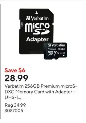 Staples Verbatim 256GB Premium microSDXC Memory Card with Adapter - UHS-I V10 U1 Class 10 offer