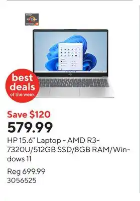 Staples HP 15.6 Laptop - AMD R3-7320U/512GB SSD/8GB RAM/Windows 11 offer