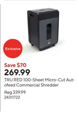 Staples TRU RED 100-Sheet Micro-Cut Autofeed Commercial Shredder offer