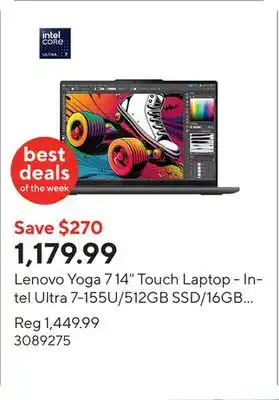 Staples Lenovo Yoga 7 14 Touch Laptop - Intel Ultra 7-155U/512GB SSD/16GB RAM/Windows 11 offer