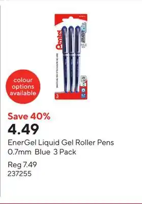 Staples EnerGel Liquid Gel Roller Pens 0.7mm Blue 3 Pack offer
