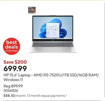 Staples HP 15.6 Laptop - AMD R5-7520U/1TB SSD/16GB RAM/Windows 11 offer