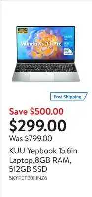 Walmart KUU Yepbook 15.6in Laptop,8GB RAM, 512GB SSD offer