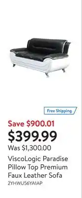 Walmart ViscoLogic Paradise Pillow Top Premium Faux Leather Sofa offer