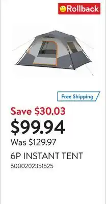 Walmart 6P INSTANT TENT offer