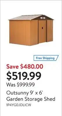 Walmart Outsunny 9' x 6' Garden Storage Shed offer