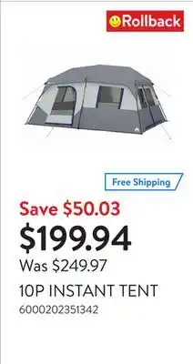 Walmart 10P INSTANT TENT offer