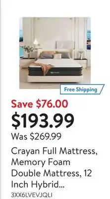 Walmart Crayan Full Mattress, Memory Foam Double Mattress, 12 Inch Hybrid Mattress in a Box with Individual Pocket Spring for Motion offer