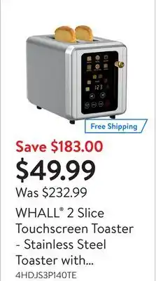 Walmart WHALL 2 Slice Touchscreen Toaster - Stainless Steel Toaster with Wide Slot, 6 Shade Settings, Bagel Function, Removable Crumb offer