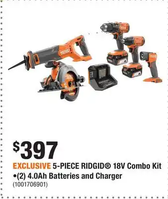 Home Depot EXCLUSIVE 5-PIECE RIDGID 18V Combo Kit •(2) 4.0Ah Batteries and Charger offer