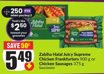 Chalo FreshCo Zabiha Halal Juicy Supreme Chicken Frankfurters 900 g or Chicken Sausages 375 g offer