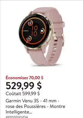 Walmart Garmin Venu 3S - 41 mm - rose des Poussières - Montre Intelligente avec Bracelet - silicone - Taille du Poignet: 4,33 Po - 6, offer