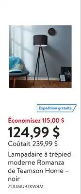 Walmart Lampadaire à trépied moderne Romanza de Teamson Home – noir offer