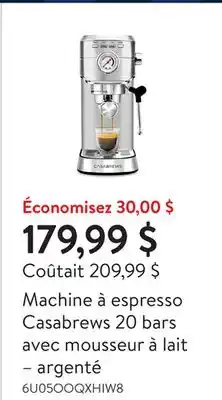 Walmart Machine à espresso Casabrews 20 bars avec mousseur à lait – argenté offer