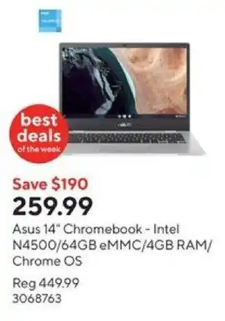 Staples Asus 14" Chromebook - Intel N4500/64GB eMMC/4GB RAM/ Chrome OS offer