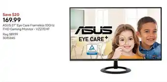 Staples ASUS 27" Eye Care Frameless 100Hz FHD Gaming Monitor - VZ27EHF offer