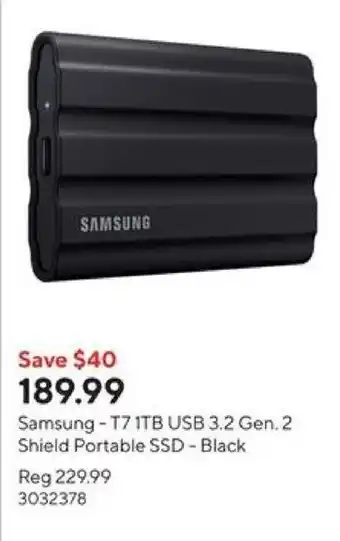 Staples Samsung-T7 1TB USB 3.2 Gen. 2 Shield Portable SSD - Black offer
