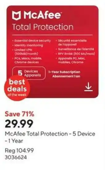 Staples McAfee Total Protection - 5 Device -1 Year offer
