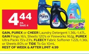 Rexall GAIN, PUREX or CHEER Laundry Detergent 1.36L-1.47L, GAIN Flings 16' s, Sheets 120' s or Fireworks 162g, PUREX Ultra Packs 15' offer