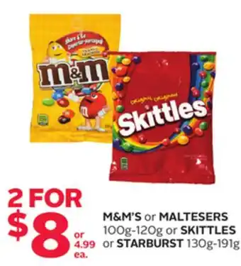Rexall M&M'S or MALTESERS 100g-120g or SKITTLES or STARBURST 130g-191g offer