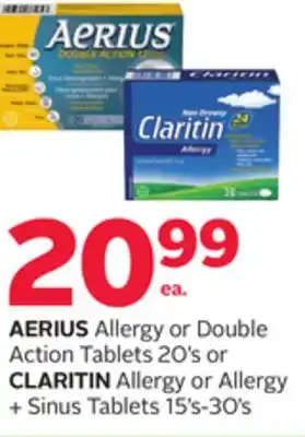Rexall AERIUS Allergy or Double Action Tablets 20' s or CLARITIN Allergy or Allergy + Sinus Tablets 15' s-30' s offer