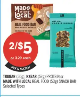 Shoppers Drug Mart TRUBAR (50g), RXBAR (52g) PROTEIN or MADE WITH LOCAL REAL FOOD (53g) SNACK BAR offer