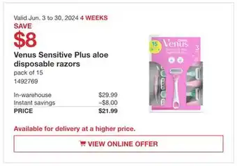 Costco Venus Sensitive Plus aloe disposable razor offer