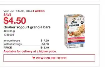 Costco Quaker Yogourt granola bars offer