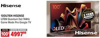 2001 Audio Video HISENSE U76N Quantum Dot 144Hz Game Mode Pro Google TV 100 offer