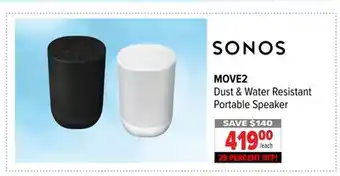 2001 Audio Video SONOS Dust & Water Resistant Portable Speaker offer