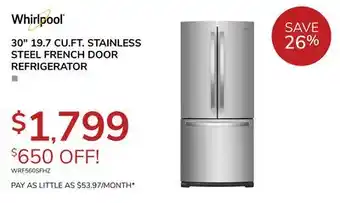 Goemans Appliances Whirlpool 30 19.7 CU. FT. STAINLESS STEEL FRENCH DOOR REFRIGERATOR offer