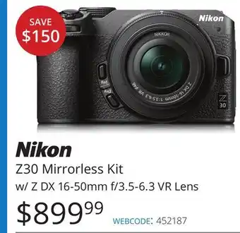 Vistek Nikon Z30 Mirrorless Kit w/Z DX 16-50mm f/3.5-6.3 VR Lens offer